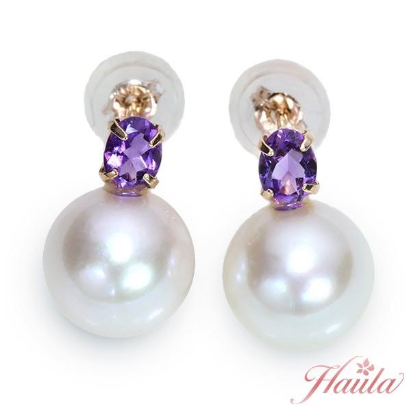 大粒アメジスト　アコヤパール　イアリング/ピアス　ワイヤージュエリー アメジスト×あこや真珠ト ピアス K18PG アメシストが艶めく 一粒パール