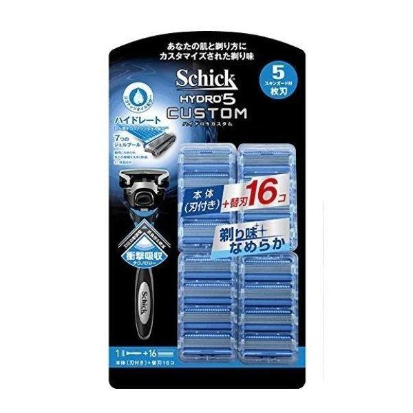 【商品説明】　Schick(シック) 5枚刃 ハイドロ5 カスタム 本体+替刃16P　スキンガード付5枚刃で、滑らかな剃り味濃密ジェル搭載のスムーサーで、肌への摩擦軽減衝撃吸収テクノロジー　本体(刃付き)＋替刃16個付（替刃 合計 17個）...