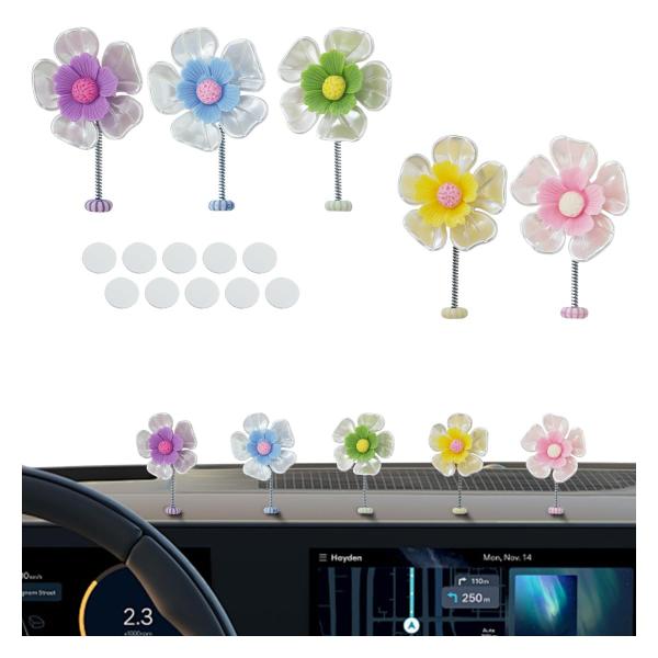 【並行輸入品】かわいい花のボブルヘッド車のダッシュボードデコレーション5点、揺れる花のカーセンターコンソールオーナメント、オフィスホームデスク、