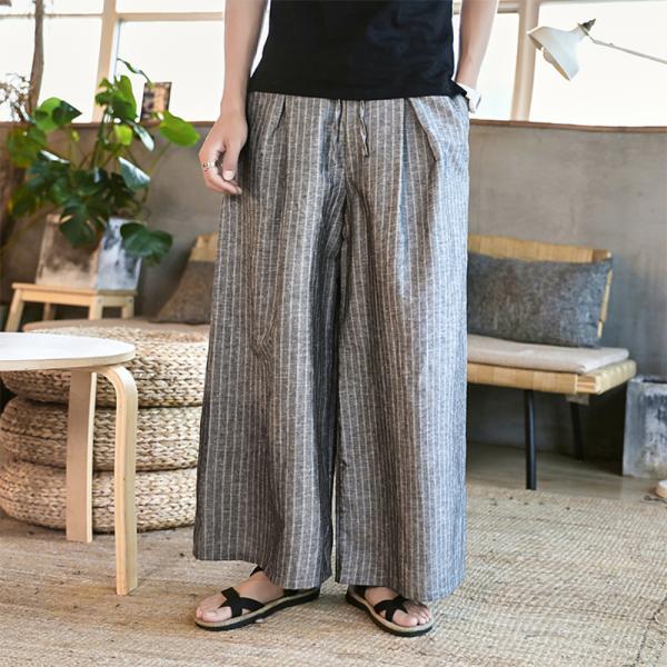 ☆ グレーストライプ ☆ XLサイズ ワイドパンツ メンズ 通販 レディース 男女兼用 黒 ガウチョパンツ クロップド パンツ 春 夏 秋 柄 袴パ