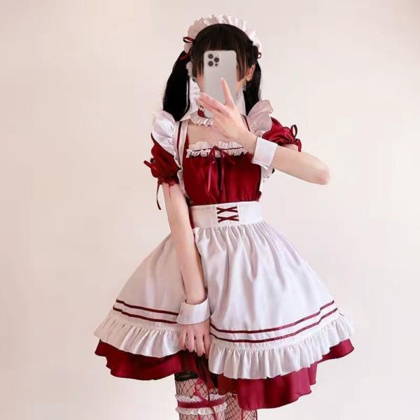 ☆ ワイン×ホワイト ☆ XLサイズ ☆ メイド服 kcos02 メイド服 可愛い コスプレ 衣装 女性 ワンピース ドレス メイド 半袖 ミニスカート