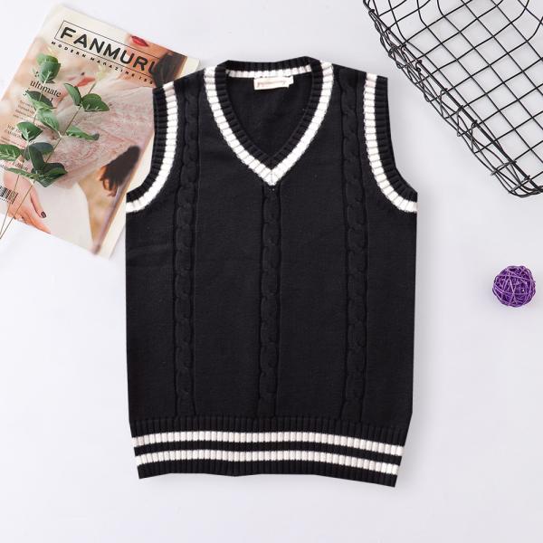☆ ブラック ☆ S ☆ ニットベスト pkvest0606 ベスト 制服 スクールベスト ニット セーター 学生服 V ネック ライン入り ストライプ