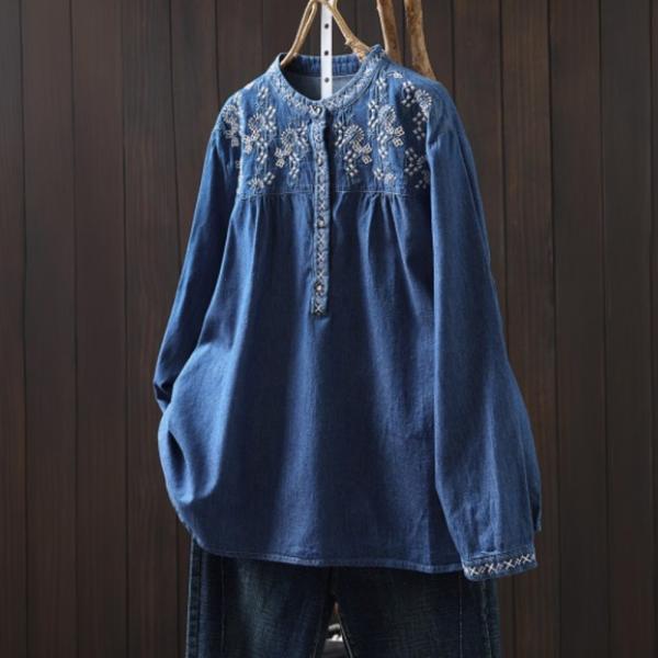 ☆ ブルー ☆ フリーサイズ ☆ デニムシャツ 刺繍 レディース ロングシャツ 花柄 デニムシャツ レディース 長袖 トップス