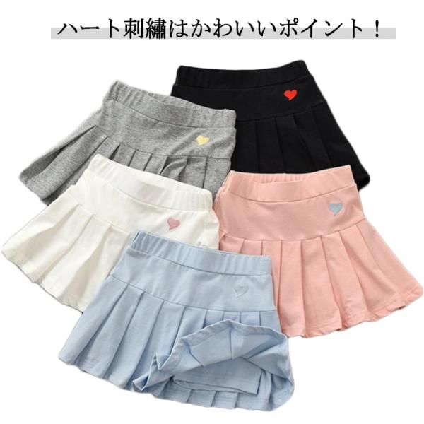 ミニ丈 女の子 プリーツスカート ミニスカート ゴルフウェア 160cm ミニスカート こども服 キッズ テニスウェア ハート刺繍 インナーパンツ付き
