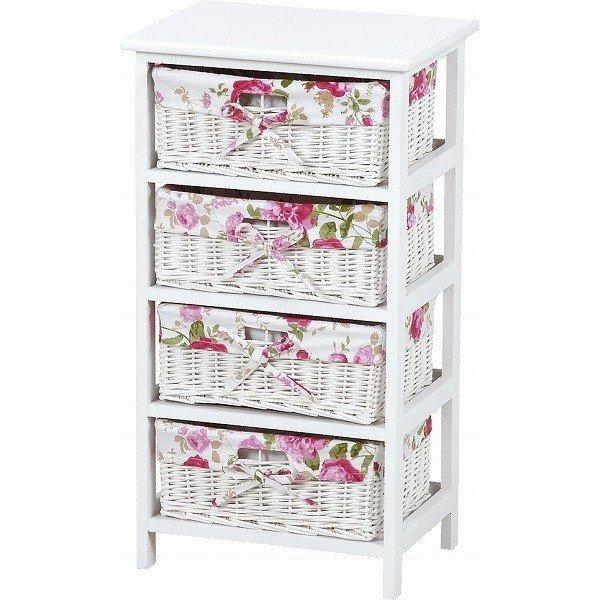 ランドリーチェスト 洗面所収納 ランドリー収納 4段 幅40cm 完成品 花柄バスケット収納付き ホワイト 木製 新作 白