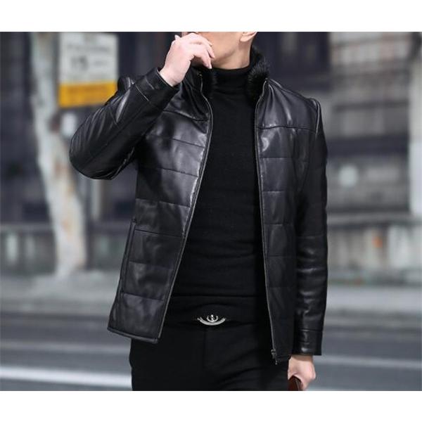 SALE レザーダウンジャケット メンズ スタンドカラー バイク