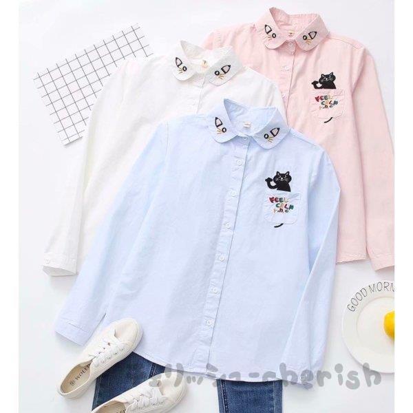 レディースブラウス猫刺繍シャツカワイイなワイシャツＹシャツ森ガール 