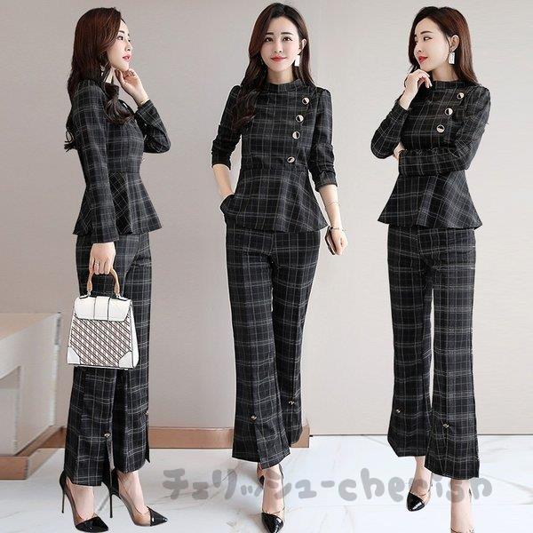 インターネット ショッピングレディースファッション 通販セットアップレディース ワイドパンツブラウス2点セットチェック柄お洒落通勤入学式卒業式セレモニー母オフ