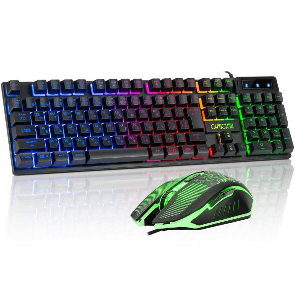 CHONCHOW ゲーミングキーボードマウスセット ps4 ps5対応 ゲーミングキーボード 108キー 七色LEDバックライト 日本語配列 usb 有線 キーボード 19キー防衝突 キーボード ゲーミング ゲーミングマウス 六つのボタン ...
