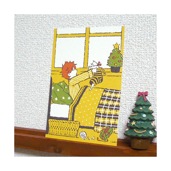 ポストカード「クリスマスの朝」 プレゼント 猫 ツリー ベッド 可愛い はがき カード