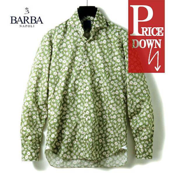 BARBA / バルバ DANDY LIFE花柄プリントコットンポプリンワイドカラーシャツ(LIU73P01/40136) （モスグリーン×ホワイト×ブラウン）