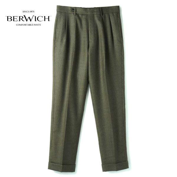 BERWICH / ベルウィッチ ガンクラブチェック柄ウールライトツイード2プリーツパンツ(ARDBEG/CA1034) （オリーブ×モスグリーン×ブラック）