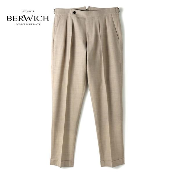 BERWICH / ベルウィッチ テクノポリエステルウールストレッチサージサイドアジャスター付き2プリーツパンツ(SCOTCH/BN7000X) （ベージュ）