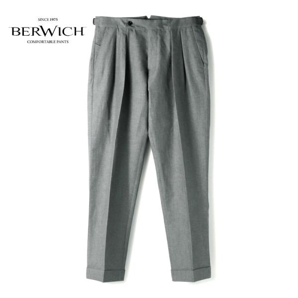 BERWICH / ベルウィッチ リネンコットンサイドアジャスター付き2プリーツパンツ(SCOTCH/ZG1802) （グレー）