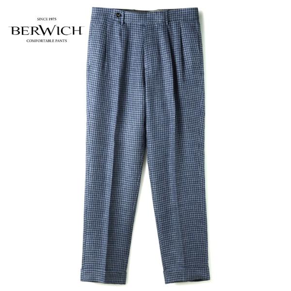 BERWICH / ベルウィッチ 千鳥格子柄リネンコットンサマーツイード2プリーツワイドパンツ(ARDBEG/LM1873) （ブルー基調）