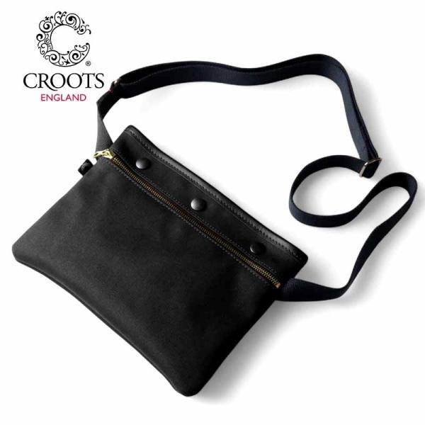 CROOTS / クルーツ コットンギャバジンサコッシュ(SACOCHE) （本体：ブラックレザー：ブラック金具：ゴールド）