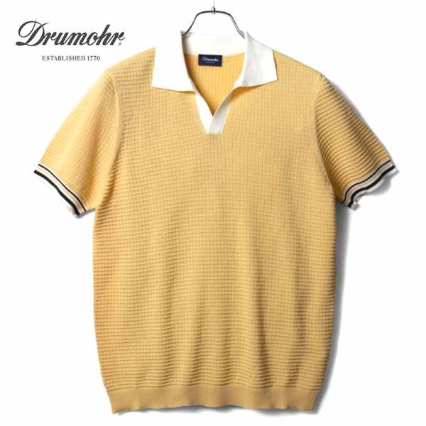 ★新品未使用★Drumohr ドルモア ニットポロシャツ スキッパー 黒 50 DRUMOHR（ドルモア） ワッフル編みコットンハイゲージ切り替えし半袖