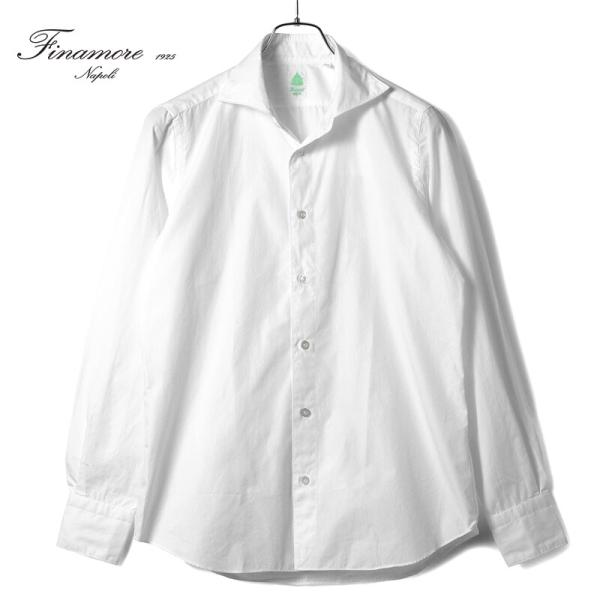 フィナモレ ホリゾンタルカラー 長袖シャツ ホワイト Finamore（フィナモレ） ALUMO製ウォッシュドコットンポプリン