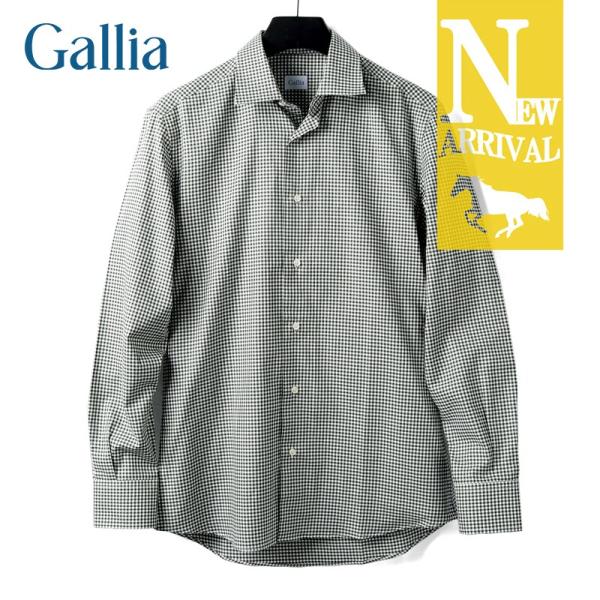 Gallia / ガリア シェパードチェック柄コットンツイルセミワイドカラーシャツ(GA6L24) （ホワイト×ディープグリーン）