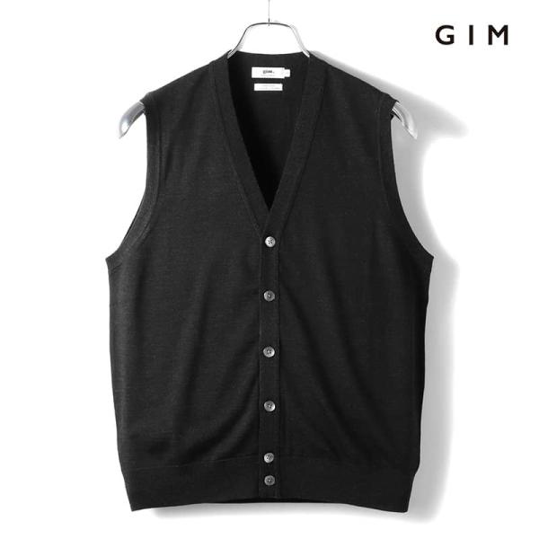GIM / ジムSuper140'sウルトラスーパーファインウール30G Vネックニットベスト（ダークグレー）/ 秋冬 ニットジレ セーター ハイゲージニット Vネック メンズ ユニセックス 日本製 アウトレット