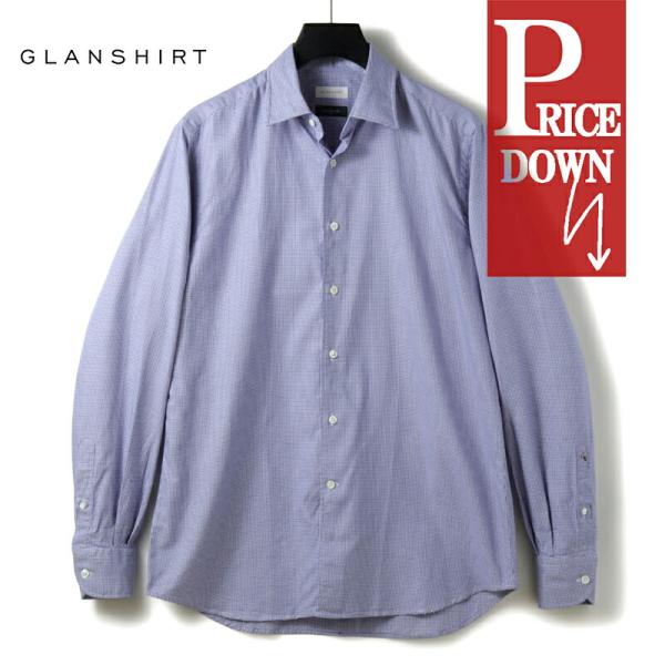 GLANSHIRT / グランシャツ マイクロ千鳥格子柄コットンジャカードレギュラーカラーシャツ(5XGA00 G6990) （ホワイト×ブルー）