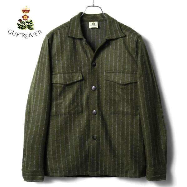 GUY ROVER / ギローバー ストライプ柄ウールアクリルポリエステルフランネルジャージーCPOシャツジャケット(3750GR307) （オリーブ×ライトグレー）