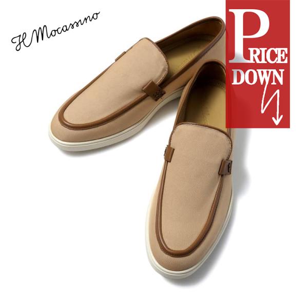 IL MOCASSINO / イルモカシーノコットンキャンバス×レザースリッポンシューズ(PIETRASANTA)（ベージュ×ブラウン）