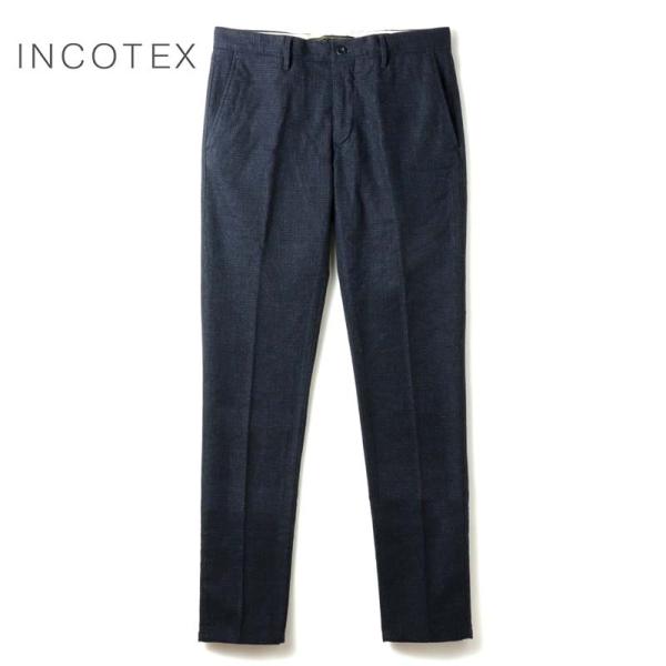 INCOTEX SLACKS / インコテックス スラックス チェック柄ウォッシュドストレッチウールポリスリムパンツ100型/SLIM FIT(17S100/40576) （ネイビー基調）