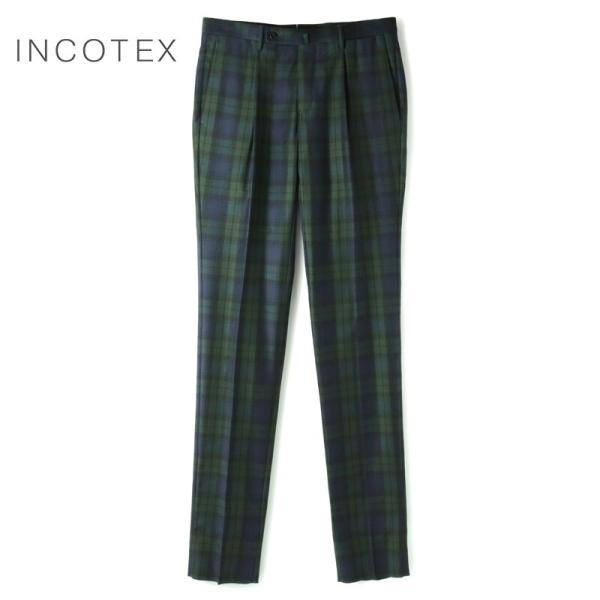 INCOTEX / インコテックス Super100'sウールサージブラックウォッチ柄1プリーツパンツ31型/SLIM FIT(1T0031/1783J) （グリーン×ネイビー×ブラック）