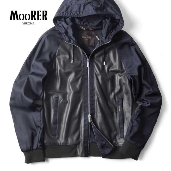 MOORER（ムーレー） パンチングレザー×ナイロンフーデッドブルゾン