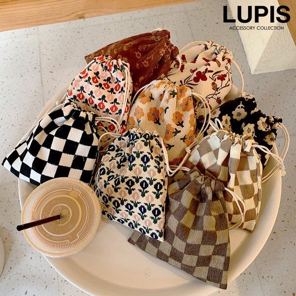 巾着ポーチ コスメポーチ コーデュロイ 総柄 フラワー お花 チェック