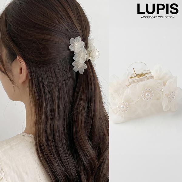 ヘアクリップ バンスクリップ ヘアアクセサリー フラワー オーガンジー パール ガーリー フェミニン かわいい 華やか 簡単 時短 40代 ルピス lupis