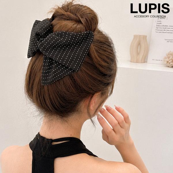 ヘアアクセサリー ヘアクリップ リボン バンスクリップ 黒 ドット柄 かわいい 大人 お呼ばれ 大きめ まとめ髪 韓国 ルピス lupis