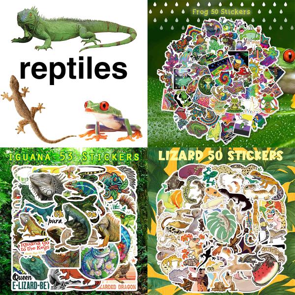 爬虫類をテーマにしたステッカーセット。楽器やパソコン、スーツケース、スケートボードなどに最適！ステッカー個別の縦横寸法はデザインによって異なります。1枚あたり縦横約5-8cmほどの大きさです。【デザイン】カエル (50枚セット)イグアナ (...