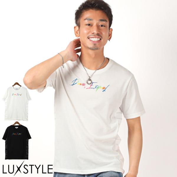 Tシャツ メンズ トップス 黒 白 カラフル プリント サイドロゴ 