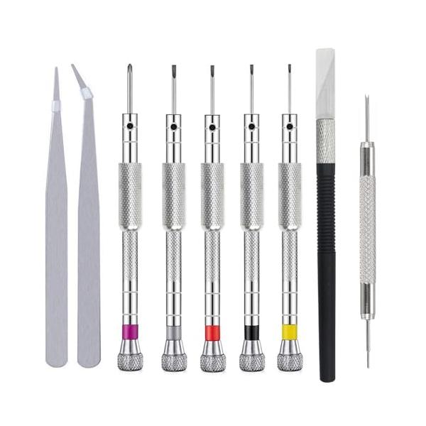 セット内容：精密ドライバー5種＋精密ピンセット2種＋バネ棒はずし＋カービングナイフ・サイズ：時計職人ドライバー5種類の異なるサイズ（0.8 mm、1.0 mm、1.2 mm、1.4 mm、1.6 mm）異なるサイズは異なる色に対応し、区別し...