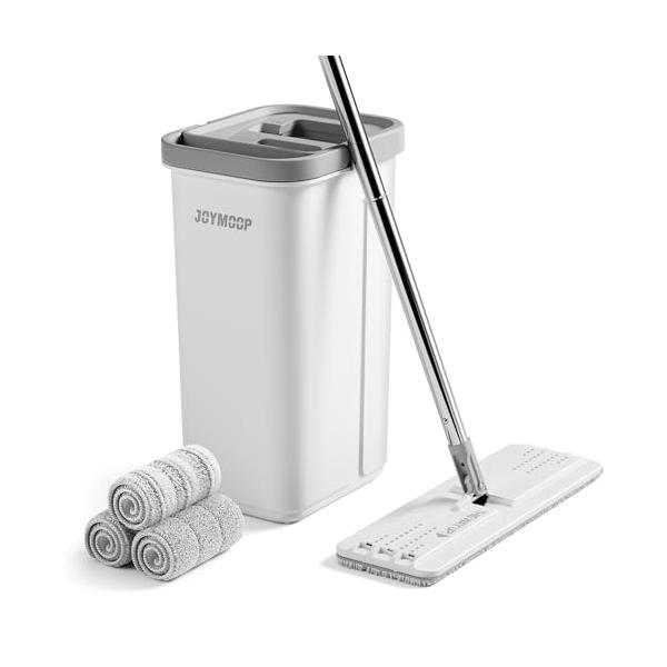 他サイト： JOYMOOP モップとバケツ 絞り器セット ハンズフリー フラットフロアモップとバケツ 洗えるマイクロファイバーパッド3枚付き 乾湿両用 床掃の商品画像