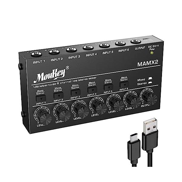 Moukey オーディオミキサー 6チャンネル usb DC 5V超低ノイズ サブミキシング用 ラインミキサー 小型ミニオーディオミキサー クラ