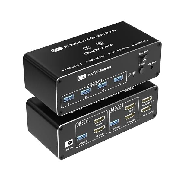 デュアルモニター8K HDMI KVM 切替器 SW621 4K 144Hz HDMI2.1 PC PS5