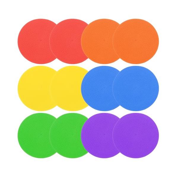 パープル/レッド/緑/ブルー/オレンジ/イエロー/-/-・素材：TPE；カラー：パープル/レッド/緑/ブルー/オレンジ/イエロー；直径：10cm / 3.94；パッキングリスト：床用ドット12個、収納バッグ1個・利点：1. フラットなアジリ...