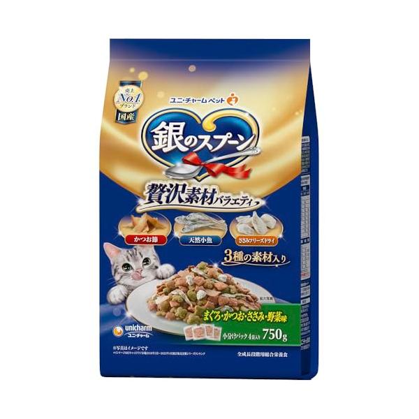他サイト： 銀のスプーン キャットフード 贅沢素材バラエティ まぐろ・かつお・ささみ・野菜味に天然小魚・かつお節・ほたて味フレーク添え 750グラム x 1の商品画像