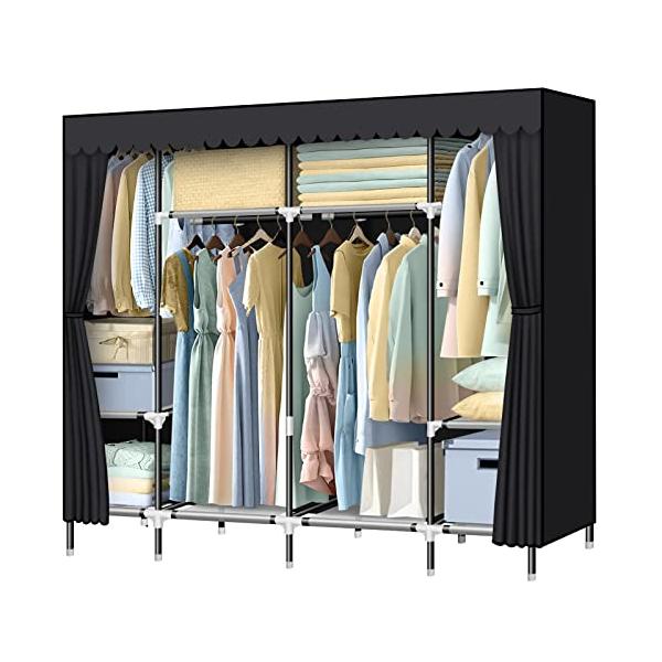 組み立て式ブラック/幅203×奥行44×高さ170cm/-・Color:ブラック・パッケージ個数:1・大容量ワードローブクローゼット：サイズ-幅203×奥行44×高さ170cm。上下二階の構造に分かれています。4つの可動式の洋服吊り下げロッ...