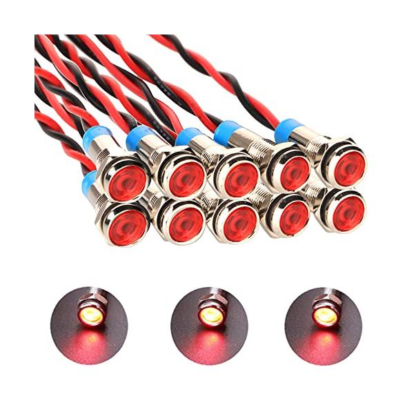 Kiligen 10個 6mm AC/DC 12-24V LEDメタルインジケーターライト防水信号ランプパイロットダッシュワイヤー付き指向性（赤