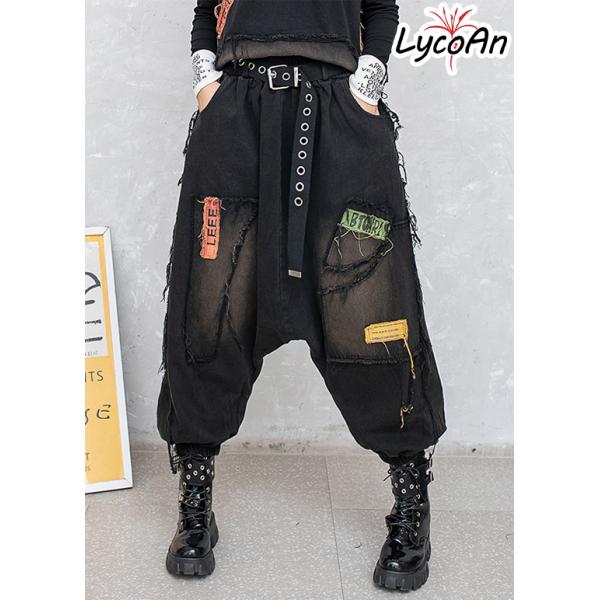 LycoAn】ポイントタグサルエルパンツ /ワッペン/ダメージ加工/デニム
