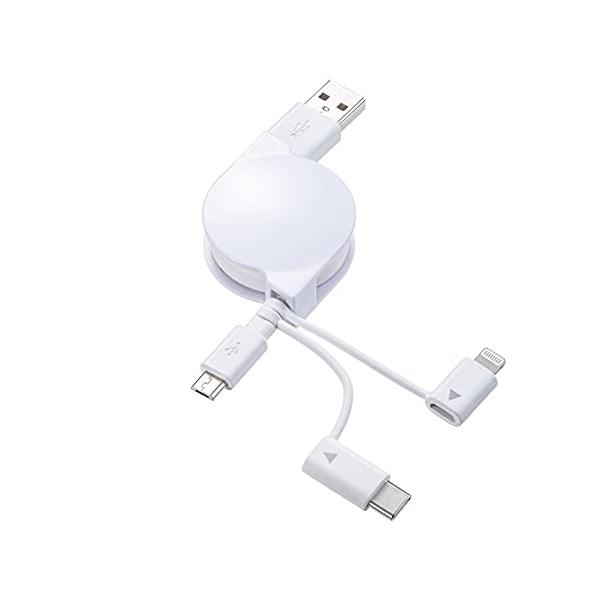 他サイト： サンワサプライ ライトニング・TypeC・microB 巻取りUSB 3in1 ケーブル 0.8m KB-IPLTM08KWの商品画像