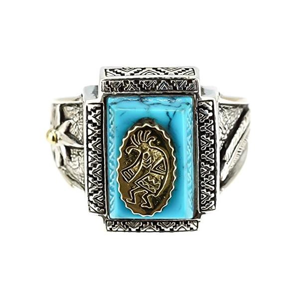 ジナブリング Jina Bring 精霊ココペリ レクタングル ターコイズ リング インディアンゴールドサン 羽根フェザー 27 シルバ Nox5