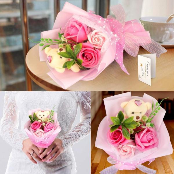 Fauhal 造花 ローズ 花束 バラの花束 くまちゃんのぬいぐるみ くま束 クマブーケ ハンドメイド プリザーブドフラワー ソープフラワー Pymr Go Th