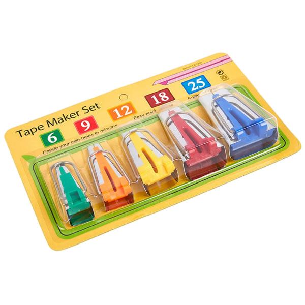 1、テープメーカーサイズ：6ｍｍ幅、9ｍｍ幅、12ｍｍ幅、18ｍｍ幅、25ｍｍ幅の5サイズです。2、バイアステープメーカーは耐久性のある硬質プラスチックと金属製。3、使いやすく，初心者にも使用しやすく、初めての方にもバイヤステープ作製が簡単...