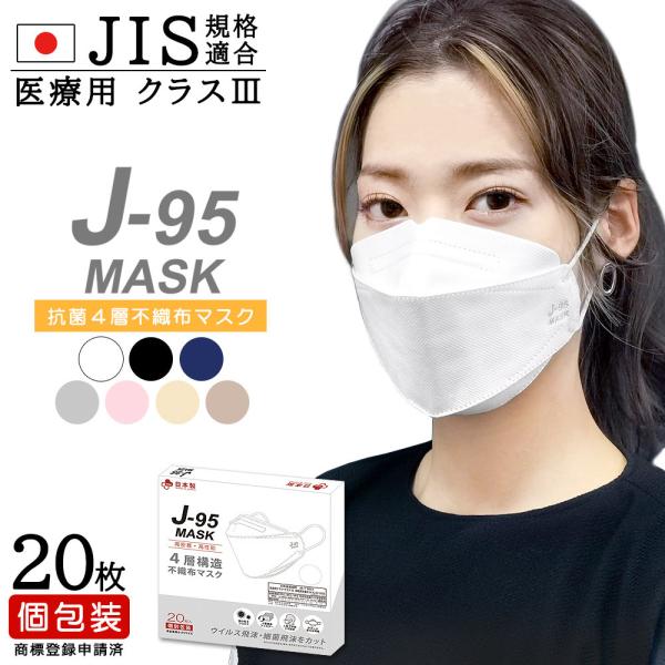 不織布マスク 日本製 OPP包装 20枚入り メール便 ポスト投函 送料無料 JIS規格適合 医療用クラス3 新型 J-95マスク