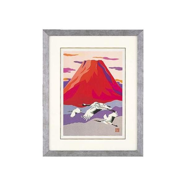 高岡銅器 めでたき富士風水 彫金パネル 金森弘司作 赤富士に飛鶴 大 143 01